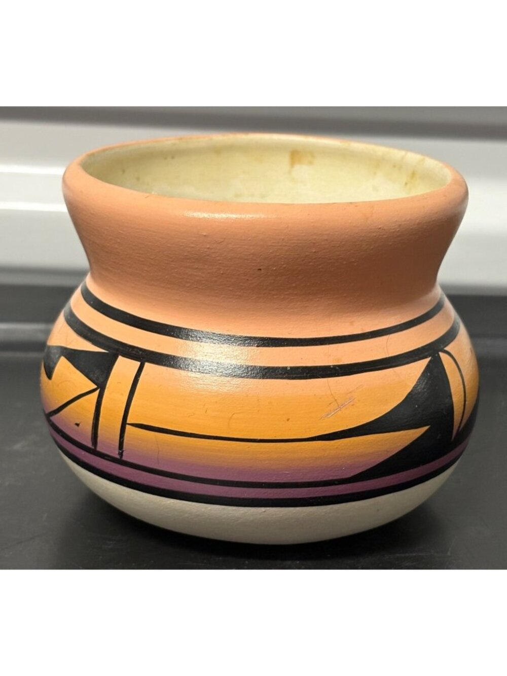 Small Navajo Hand-Painted Ceramic Seed Pot Geometric Design Tribal Artist Signed